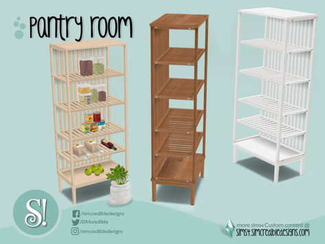 SIMcredible!'s Naturalis Pantry Shelves Sims 4 Kitchen Pantry, Sims 4 Pantry Shelf Cc, Ts4 Pantry Cc, Sims 4 Cc Build Mode Items Kitchen, Sims4 Cc Shelves, Sims 4 Cc Furniture Pantry, Sims 4 Cc Storage Shelves, Sims 4 Cc Surfaces, Sims 4 Pantry Shelf