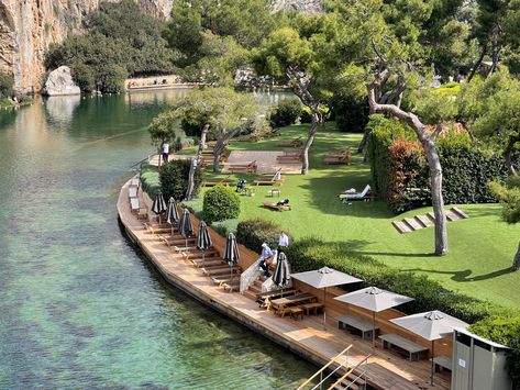 Lake, athens, greece, spring, natural waters, thermal, lake vouliagmeni, swim, green Lake Vouliagmeni Athens, Desert Home Exterior, Greece Spring, Lake Vouliagmeni, Artificial Lake, Community Living, Desert Homes, Design Concepts, Athens Greece