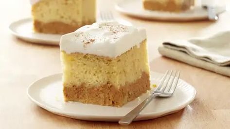 Pumpkin Layered Magic Cake Recipe - BettyCrocker.com Pumpkin Layer Cake, Betty Crocker Cake, Betty Crocker Recipes, Pumpkin Desserts, Magic Cake, Best Pumpkin, Cake Mix Recipes, Pumpkin Cream, Yellow Cake Mixes