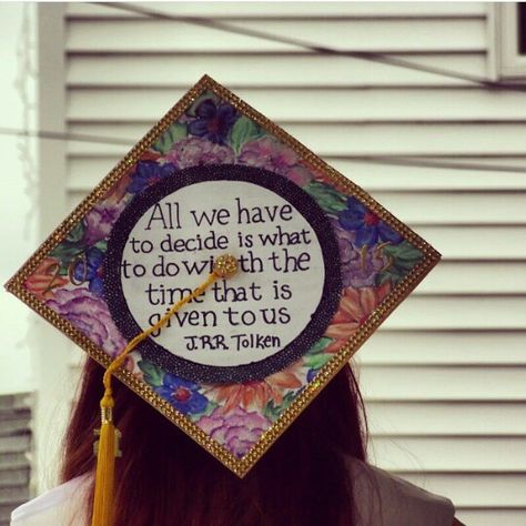 My graduation cap! Lord of the rings quote and hand drawn flowers by courtney fitzgerald Quote Rings, Quotes For Graduation Caps, Rings Graduation, Graduation Cap Ideas, Son Birthday Quotes, Son Birthday, Cap Graduation, High School Graduation Cap, Grad Cap Designs