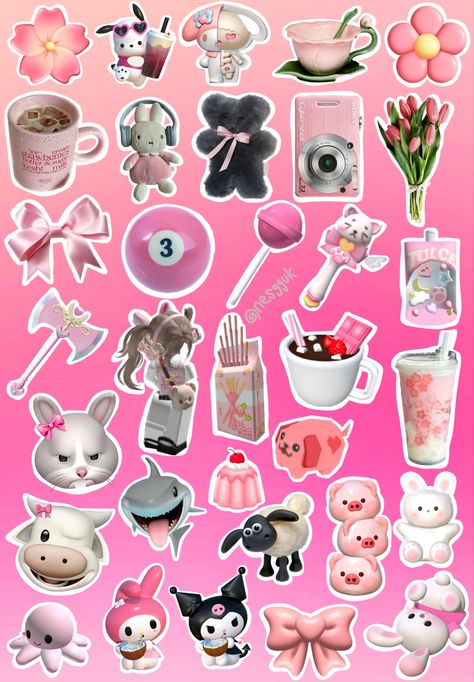 3d Stickers Printable, Pink Stickers Printable, Pink Sticker Sheet, Y2k Stickers, Printable Wall Collage, Hello Kitty Printables, Craft Booth Displays, Scrapbook Printing, Iphone Case Stickers