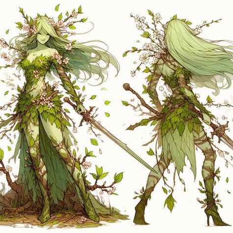 Dnd Leather Armor Female Druid, Diy Fairy Cosplay, Unseelie Fae Character Design, Nature Spirit Character Design, Dryad Female, Female Druid Art, Dryad Dnd, Dryad Oc, Dryad Character Design