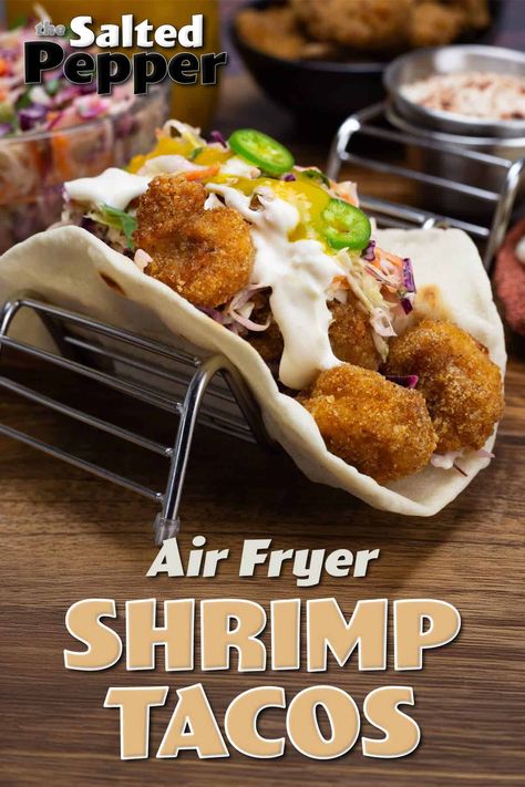 Air Fryer Shrimp Tacos Recipe Air Fryer Shrimp Tacos, Food Ninja, Shrimp Tacos Recipe, Air Fryer Shrimp, Lime Slaw, Cilantro Lime Slaw, Shrimp Taco Recipes, Air Fryer Fish, Breaded Shrimp