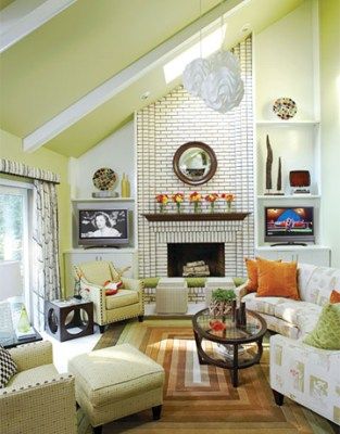 Love the asymmetrical ceilings and color palette Half Vaulted Ceiling, Before And After Room Makeover, Media Room Design, Modern Style Decor, Dining Room Makeover, Painted Brick, Living Room Remodel, Room Remodeling, Vaulted Ceiling