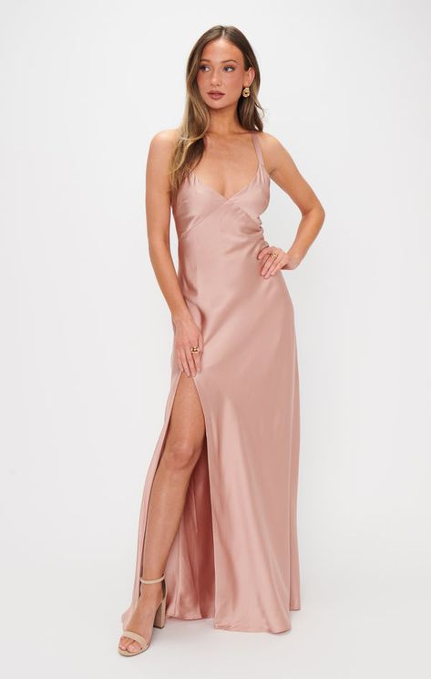 Raise a glass in the Anderson Maxi Dress! Sleek, rose gold luxe satin shapes this chic dress with an open back and criss cross ties. This flattering, floor length dress exudes glamour. Style with strappy heels and dainty gold jewelry for your next event. Mumu Wedding, Dainty Gold Jewelry, Glamour Style, Floor Length Dress, Satin Bridesmaid Dresses, Floor Length Dresses, Chic Dress, Strappy Heels, Criss Cross