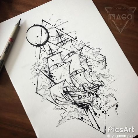 Nature Art Drawings, Nautical Tattoo, Tattoos Geometric, Ship Tattoo, Geometric Flower, Pencil Art Drawings, Art Drawings Sketches Creative, A Pen, 판타지 아트