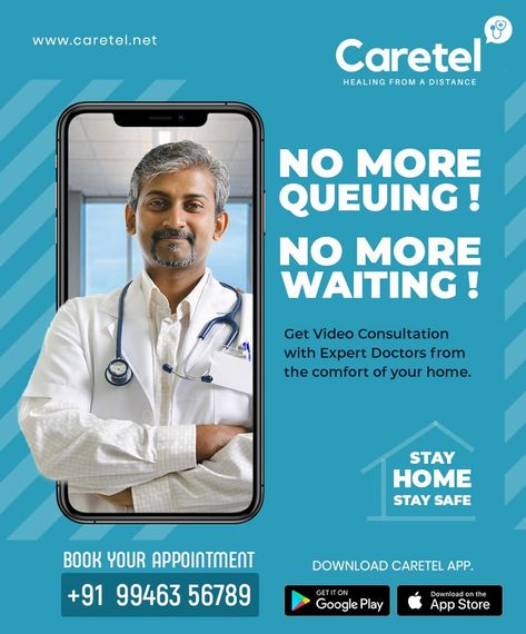 No More Queuing! No More Waiting! Get Video Consultation With Expert Doctors From The Comfort Of Your Home. STAY HOME STAY SAFE. For Consultation Appointment Call Us Now: 9946356789 #Caretel #Onlinedoctor #Health #Hospital #Doctor #Telemedicine #TeamCaretel Doctor Ads Creative, Online Consultation Poster, Hospital Creative Ads, Hospital Ads, Healthcare Ads, Medical Projects, Emergency Doctor, Doctor Consultation, Hack Facebook