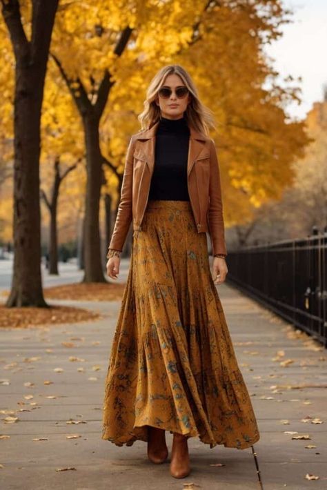 14 Casual Fall Outfits with Yellow » Lady Decluttered Cognac Jacket Outfit, Skirt With Leather Jacket Outfit, Skirt With Denim Jacket, Mustard Skirt Outfit, Outfits With Yellow, Maxi Skirt Outfit Fall, Boho Skirt Outfit, Yellow Jacket Outfit, Rust Skirt