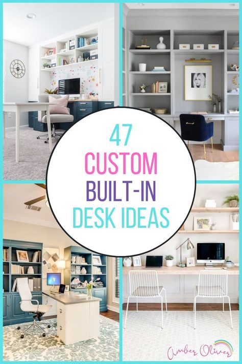 Check out this collection of custom built-in desk ideas perfect for a small space in your living room, guest room, or dedicated office space. #amberoliver #homeoffice #diy Built In Office Desk And Cabinets, Home Office Built Ins With Desk, Diy Built In Desk, Built In Desk And Shelves, Office Layout Ideas, Diy Office Desk, Desk Nook, Home Office Built Ins, Diy Projects For The Home