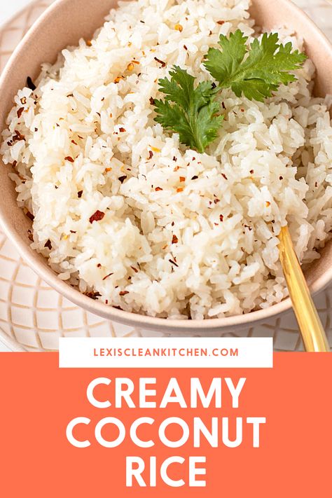 Creamy, with just a whisper of coconut, this side dish is a fun twist on traditional rice. This coconut rice of course uses coconut milk, with a bit of lime to give it a slightly tropical feel. We've included directions for both stovetop and Instant Pot cooking! Quick Dinner Sides, Creamy Coconut Rice, Kitchen Website, Lexi's Clean Kitchen, Food Asian, Meatless Dinner, Make Ahead Lunches, Dinner Side Dishes, Savory Appetizer