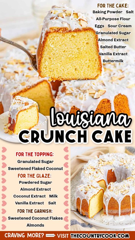 Louisiana Crunch Cake Recipe Easy, Louisiana Crunch Cake Recipe, Louisiana Recipes Dessert, Lemon Crunch Cake Recipe, Louisiana Desserts, Louisiana Crunch Cake, Crunch Cake Recipe, Clam Cakes, Glaze For Cake