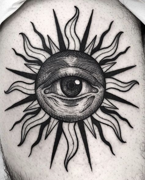 An incredible black and grey sun and eye tattoo in Barcelona, Spain by lucky_luchino on Instagram. #tattoo #tattoos #blackandgrey #blackandgreytattoo #sun #eye #travel #barcelona #spain Seeing Eye Tattoo, Ojo Tattoo, Third Eye Tattoos, All Seeing Eye Tattoo, Spiritual Tattoo, Sun Tattoo Designs, Evil Eye Tattoo, Eyeball Art, Inspiration Tattoos