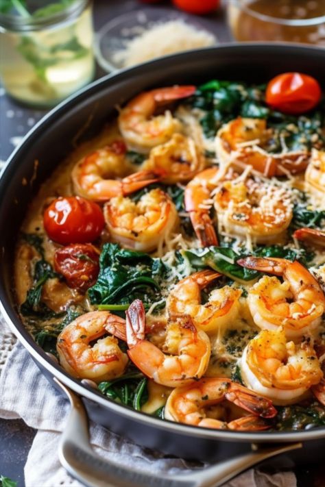 Succulent shrimp are bathed in a luscious, garlic-infused creamy sauce, accompanied by vibrant spinach leaves. The shrimp are cooked to perfection and coated in a velvety sauce, while the spinach adds a refreshing and nutritious element to the dish. Whether served over pasta or enjoyed on its own, this Creamy Tuscan Garlic Butter Shrimp with Spinach is a delightful and satisfying meal that will leave your taste buds craving for more. Shrimp Spinach Risotto, Tomato Spinach Shrimp Pasta, Shrimp Dinner Healthy, Spinach And Shrimp Recipes, Shrimp Kale, Creamy Garlic Butter Sauce, Shrimp And Spinach Recipes, Shrimp Spinach Pasta, Shrimp Coconut Milk