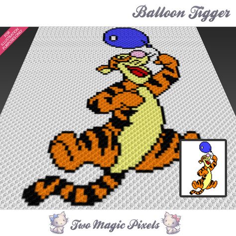 Balloon Tigger crochet blanket pattern; c2c, cross stitch graph; pdf download; Two Magic Pixels, Winnie Poo, Cross Stitch Knitting, Sc Crochet, C2c Crochet Blanket, Crochet Graph, Crochet Disney, Crocheted Items, Pixel Crochet