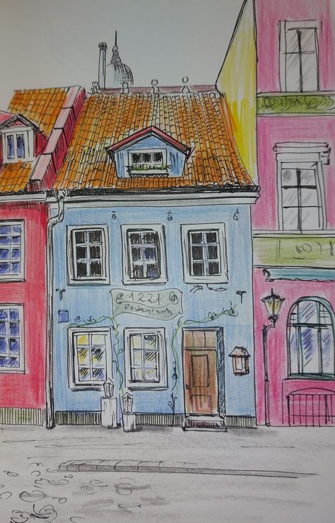 Ink, colored pencils Urban Sketchbook, Urban Sketch, Tallinn, Riga, Urban Landscape, City Streets, Colored Pencils, Sketch Book, How To Draw Hands