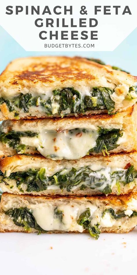 Feta Grilled Cheese, Spinach Grilled Cheese, Handheld Lunch, Sandwiches Grilled, Recept Sandwiches, Handheld Food, Grill Sandwich, Budget Bytes, Spinach Feta