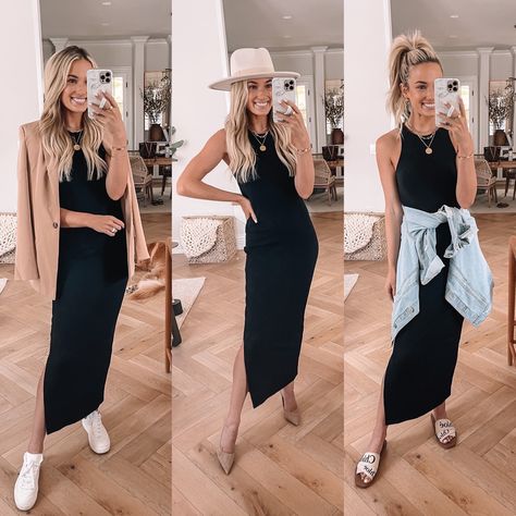 High Neck Sleeveless Dress Outfit, Black Rib Dress Outfits, Long Tank Dress Outfit, Summer Maxi Dress 2023, Casual Black Maxi Dress Outfit, Long Ribbed Dress Outfit, Black Ribbed Dress Outfits, Ribbed Dress Outfit Summer, Tank Maxi Dress Outfit