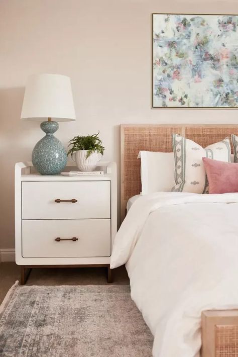 Nightstand Styling, Colors Inspiration, Headboard With Lights, Caned Headboard, White Nightstand, Boys Bedding, Bed Lights, Custom Sofa, Geometric Pillow