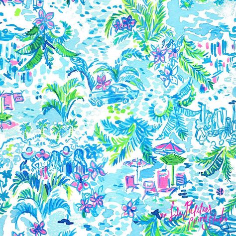 Lilly Pulitzer on Instagram: “Our newest print, “What A Lovely Place,” is filled with musicians, iconic cars, architecture, palms...and even a few print artists!…” Lily Pulitzer Wallpaper, Lilly Pulitzer Patterns, Alpaca My Bags, Lilly Prints, Lilly Pulitzer Prints, Preppy Wallpaper, Blue Beach, Summer Wallpaper, Hand Art