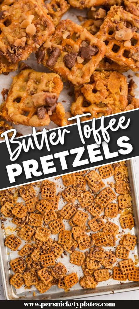 Pretzel Sweet Snacks, Sweet And Salty Pretzels, Easy Pretzel Dessert, Pretzel Treats Easy, Toffee Pretzel Recipe, Recipes Using Pretzels, Pretzel Recipes Snacks, Butter Toffee Pretzels Recipe, Butterscotch Pretzels