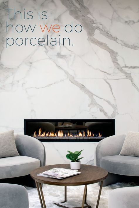 Image is a Moderno Porcelain Works fabricated and installed fireplace surround. Porcelain Fireplace, Tiled Fireplace Wall, Fireplace Feature Wall, Fireplace Facing, Tiles Living Room, Porcelain Slab, Fireplace Tile Surround, Linear Fireplace, Polished Porcelain Tiles