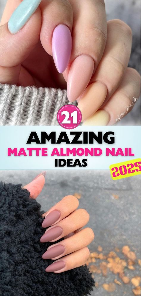 Explore 2025's chic matte almond nail trends. From bold hues to understated elegance, these nail designs offer the perfect balance of modern style and timeless beauty. Gorgeous Almond Nail Designs, Almond Shape Nail Colors, Almond Nails Ideas Elegant, 2025 Nail Trends, Matte Neutral Nails, Elegant Nails Almond, Almond Nail Trends, Long Oval Nails, Matte Almond Nails