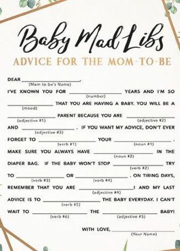 Baby Shower Mad Libs, Virtual Baby Shower Ideas, Work Baby Showers, Baby Shower Themes Neutral, Baby Shower Game Printable, Classy Baby Shower, Baby Shower Advice, Mad Libs