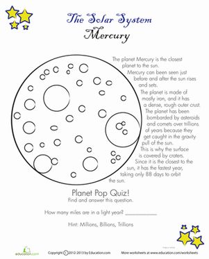 Fourth Grade Earth & Space Science Worksheets: Mercury Facts Wooden Solar System, Mercury Facts For Kids, Mercury Facts, Space Education, 8th Grade Tips, Apologia Astronomy, Solar System Worksheets, Space Activities For Kids, Solar System Projects