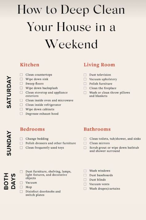 ✨ How to Deep Clean Your House This Weekend ✨ Get your home spotless with this step-by-step guide. From decluttering to scrubbing every corner, transform your space into a clean and organized sanctuary. 🧹✨ #DeepClean #WeekendCleaning #CleanHome #HomeOrganization Deep Clean New House Checklist, Cleaning Schedule Deep Clean, Deep Home Cleaning, Maintaining A Clean House Tips, Quick Deep Cleaning House, Deep Cleaning Bedroom Tips, Best House Cleaning Schedule, Cleaning List Before Guests, Clean House In A Day