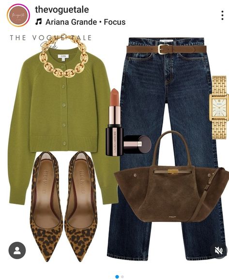 Green Brown Aesthetic Outfit, How To Style A Green Sweater, Jeans And Sweater Outfit Casual, Brown Green Outfit, Mom Clothing Style, Leopard Outfit Ideas, Leopard Print Shoes Outfit, Outfit Verde, Green Sweater Outfit