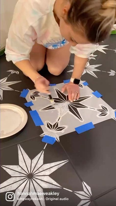 But will it last? How do you protect the paint? Can I wash my floors?? 🙌🏼 These are just some of the questions and comments we get about painted and stenciled tile floors ALL. THE. TIME. The answers are yes-use the right process and products-also yes. 🖤 @hannah_weakley_home shared this floor makeover Reel using our You’re a Star #tilestencil and @rustoleum Home Floor Coating-which can be applied over existing tile, laminate, vinyl and wood without sanding, stripping or priming. There is also Rustoleum Floor Tile Paint, Stenciled Tile, Stenciled Tile Floor, Diy Custom Closet, Floor Makeover, Royal Design Studio Stencil, Tile Stencil, Paint Can, Tile Floors