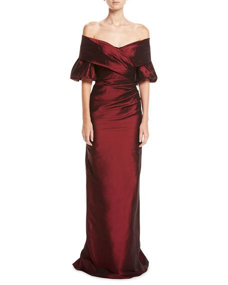 Rickie Freeman for Teri Jon Off-the-Shoulder Taffeta Evening Gown,  $760, neimanmarcus.com. Satin Evening Gown, Evening Gowns With Sleeves, Off Shoulder Gown, Teri Jon, Evening Dress Floor Length, Designer Evening Gowns, Bride Groom Dress, Cocktail Dress Lace, Groom Dress