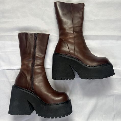 UNIF PARKER BOOT BROWN! worn a few times, minor... - Depop Parker Boots, Parker Boots Outfit Unif, Dada Boots Unif, Unif Boots, 90s Brown Platform Boots, Unif Parker Dress, Unif Parker Boots Brown, Unif Parker Boots, 90s Boots