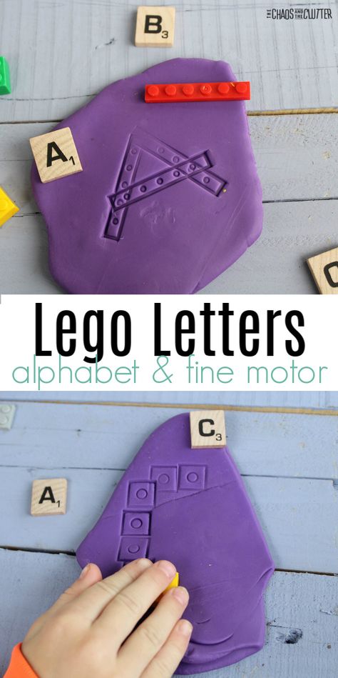 Fine motor, sensory, and letter recognition practise all packed into a simple kids' activity. This Lego Letters playdough activity is easy to set up and full of learning possibilities. #sensory #preschool #kidsactivities Play Dough Letters, Stem Letter Activities, Playdough Letter Activities, Playdough Literacy Activities, Table Top Activity Preschool, Sensory Bin Letters, Letter Smash Activity, Preschool Lego Activities, Letter Recognition Activities At Home