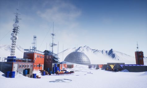 ArtStation - Antarctic Base, Harry Masmanidis Arctic Base Concept Art, Antarctic Aesthetic, Arctic Research Station, Winter Environment, Mcmurdo Station, Scifi Building, Final Major Project, Sci Fi Architecture, Arctic Landscape