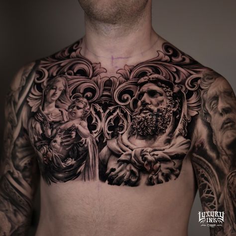 AMAZING FULL CHEST TATTOO DONE BY RESTU DONE USING @eztattooing @radiantcolorsink @balmtattooindo 💥DM US FOR YOUR FREE CONSULTATION TODAY💥 ▪️WORLDWIDE FAMOUS ARTISTS ▪️PRIVATE LUXURY LOCATION ▪️PACKAGES AVAILABLE ON REQUEST ▪️INTERNATIONAL AWARD WINNING ▪️CUSTOM DESIGNS ▪️VEGAN INK ▪️INTERNATIONAL HYGIENE STANDARDS ▪️SPONSORED BY THE BEST NAMED BRANDS WORLDWIDE FB/INSTA - @luxuryinkbali @luxuryinkcanggu @luxuryinkjakarta 📲 W/A +6281237096409 www.luxuryinkcanggu.com Good And Evil Chest Tattoo, Cross On Chest Tattoo Men, Greek Mythology Chest Tattoo, Full Chest Tattoo Design, Greek Chest Tattoo, Medusa Chest Tattoo, Full Chest Tattoo Men, Chest Tattoo Men Ideas, Chest Tattoo Sketches