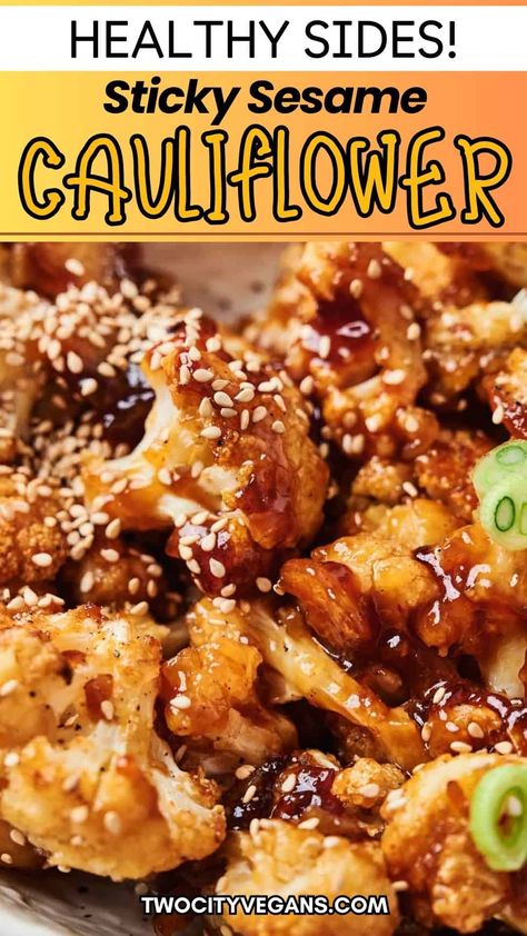 This sticky Sesame Cauliflower will blow your mind! A healthy twist on a takeout favorite, this cauliflower dish is packed with flavor and easy to make at home. Perfect for Meatless Mondays or Weeknight dinners. It's vegan, delicious, and guaranteed to impress. If you need easy and healthy side dish recipes, this is a must-try! Asian Coliflower Recipes, Sesame Cauliflower Recipes, The Kitchen Food Network Recipes Katie Sesame Cauliflower, Asian Cauliflower, Sesame Cauliflower, Sticky Sesame Cauliflower, Spicy Cauliflower, Sweet Glaze, Cauliflower Dishes