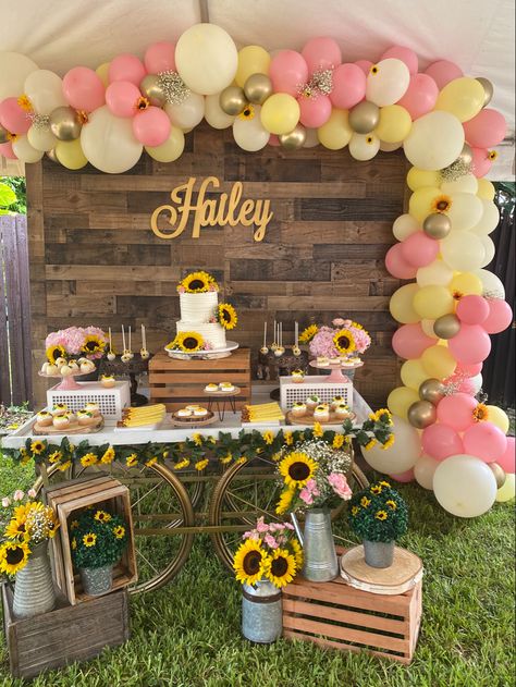 Pink And Sunflower Party, Sunflowers And Pink Flowers, Bees And Sunflowers Party, Pink And Yellow Sunflower Party, Sunflowers Birthday Party Ideas, Sunflower And Butterfly Party Theme, Pink And Yellow Party Ideas, Sunflower Treat Table, Pink And Yellow Birthday Party Ideas