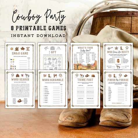 Getting ready for a boy's cowboy-themed party or event? This listing has you covered with 8 fun, cowboy-themed PRINTABLE activities!! (8 PRINTABLE activities for a boy's cowboy-themed party) 🤠 This PRINTABLE boy's cowboy-themed activity bundle includes: 8 printable activities; in 2 sizes +4 answer keys & +3 word bank slips 1. Think Fast 2. Finish His Phrase 3. Who Knows Him Best? 4. Cowboy Name Creator (+name tags) 5. Emoji Game (+answer key & word bank) 6. Word Scramble (+answer key & word ban My First Rodeo Birthday Boy Games, Games For Western Theme Party, Cowboy Birthday Games, Cowboy Party Games, Western Party Games, Boy Party Games, Rodeo Birthday Parties, Western Games, Emoji Game