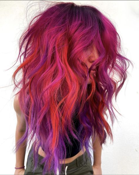 Creative Colour Hair Ideas, Vivid Hair Balayage, Block Dimensional Color Hair, Fun Vibrant Hair Colors, Red Hair With Rainbow Highlights, Vivid Hair Color Shag, Purple And Coral Hair, Shadow Root Vivid Color, Merlot Hair Color With Highlights