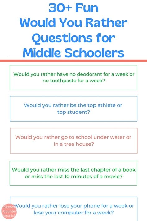 Funny would you rather questions for middle school kids. The kids are going to have a blast debating these would you rather questions! #wouldyouratherquestions #funnywouldyouratherquestions #wouldyouratherquestionsforkids #funwouldyouratherquestions #hardwouldyouratherquestions #wouldyouratherquestionstweens #middleschoolicebreaker #gamesfortweens Would You Rather For Middle Schoolers, Would You Rather For Students, Sel Questions For Middle School, Middle School Detention Ideas, Middle School Social Emotional Activities, Conversation Starters High School, Substitute Teacher Middle School, Middle School Class Party Ideas, Would You Rather Questions For Middle School