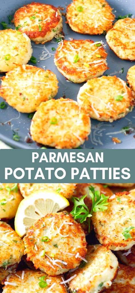 Parmesan Potato Patties - Delicious and flavorful, very crispy and made with a few simple ingredients. Potato Patty Recipe, Potatoes Patties, Potato Patties Recipe, Potato Patty, Parmesan Potato, Potato Fritters, Potato Patties, Parmesan Potatoes, Potato Recipes Side Dishes