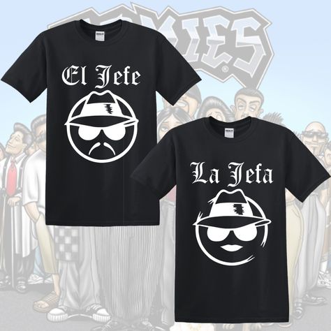 El Jefe / La Jefa Shirt Local Orders DM Check out Etsy Shop for Shipping Link in Bio #lajefa #eljefe #homies #lowrider #personalizedgifts #personalizedshirts #oldschool #smallbusiness #etsyshop Cholo Party Outfit, Cholo Party Theme Ideas, Lowrider Clothing, Cholo Party Decorations, Chola Party, Ace Birthday, Sister In Law Birthday, Cholo Style, Bday Party Theme