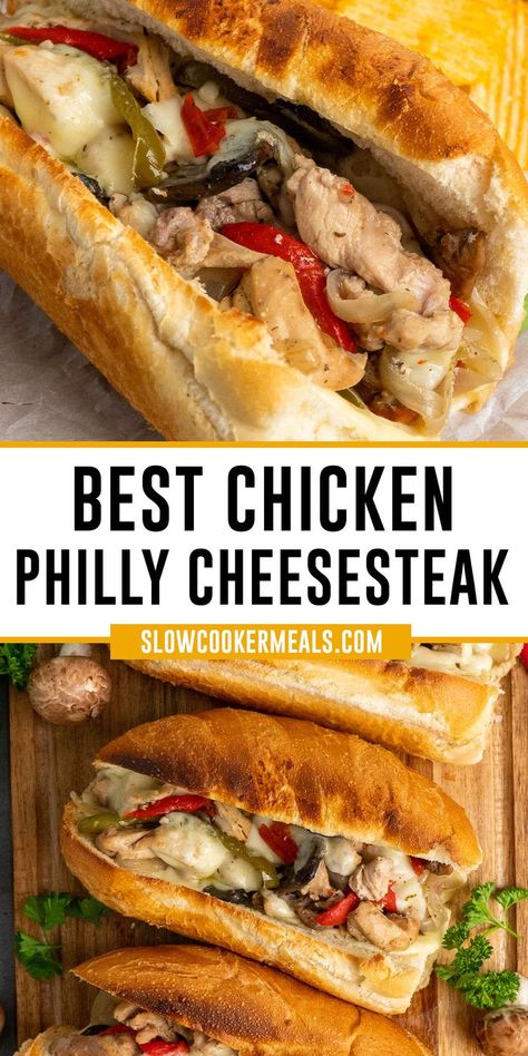 Close-up of chicken Philly cheesesteak on a hoagie roll. Chicken And Peppers In Crock Pot, Chicken Philly Cheesesteak, Chicken Cheesesteak, Chicken Philly, Crockpot Chicken Thighs, Philly Cheese Steak Recipe, Slow Cooker Chicken Thighs, Easy Family Dinner, Delicious Slow Cooker Recipes