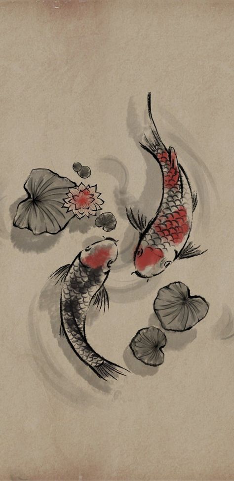 Chinese Koi Fish Art, Drawings Of Koi Fish, Drawing Of Koi Fish, Japanese Koi Fish Painting, Japanese Pond Drawing, Koi Fish Drawing Wallpaper, Drawing Coy Fish, Koi Fish In Pond Drawing, Two Koi Fish Drawing