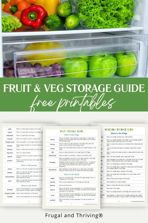 Download this handy printable fruit and vegetable storage guide to enjoy fresher produce for longer, reduce waste, and save money. Pantry Fruit And Veggie Storage, Produce Storage Guide, Veggie Storage, Store Fruits And Vegetables, Kitchen Vegetable Storage, Vegetables Storage, Storing Produce, Book Items, Herb Storage