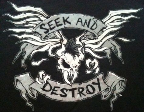 ''Seek&Destroy'' Kill em All Album Seek And Destroy Tattoo, Metallica Seek And Destroy, Metallica Kill Em All, Metallica Logo, Seek And Destroy, Rock Poster Art, Comic Tattoo, Demolition Derby, Metallica T Shirt