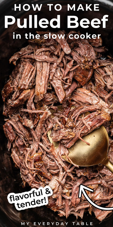 pulled beef Shredded Beef Brisket Recipes, Slow Cooked Topside Beef, Hot Beefs In Crockpot, Slow Cooker Beef Sliders, Shredded Beef In Crockpot, Open Face Roast Beef Crockpot, Slow Cooked Pulled Beef, Pull Beef Slow Cooker, Pulled Roast Beef Crockpot