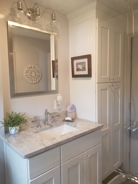 Bathrooms With Linen Cabinets, Small Bathroom Vanity With Tall Side Cabinet, Vanity With Linen Cabinet On Top, Linen Cabinet Next To Vanity, Linen Cabinet Between Vanities, Tall Cabinet In Bathroom, Small Bathroom With Linen Cabinet, Single Sink Bathroom Vanity With Tall Side Cabinet, Bathroom Vanity With Side Cabinet