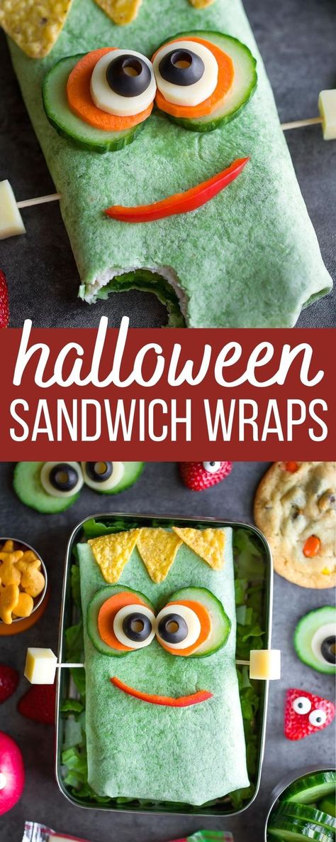 halloween sandwich wraps decorated like Frankenstein's monster Halloween Inspired Lunch For Kids, Spider Sandwiches Kids, Halloween Wraps Food, Halloween Themed School Lunches, Halloween Food For Dinner, Halloween Recipes Lunch, Healthy Halloween Food Dinner, Frankenstein Food Ideas, Fall Lunch Box Ideas